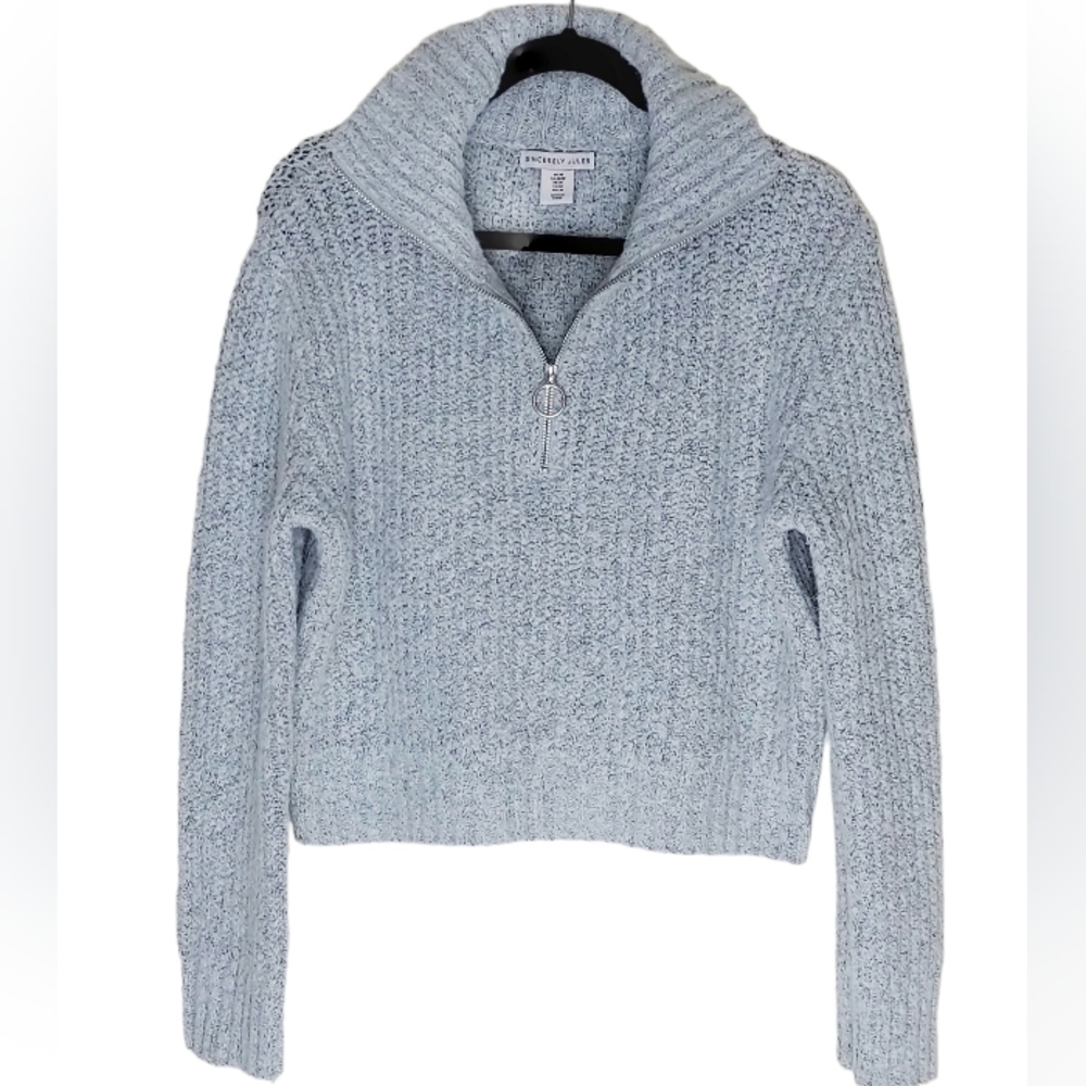 Sincerely Jules Women M Gray Boxy Cropped Chunky Boho Wool Blend 1/4 Zip Sweater